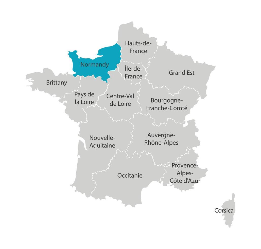 Vector isolated illustration of simplified administrative map of France. Blue shape of Normandy. Borders of the provinces, regions. Grey silhouettes. White outline.