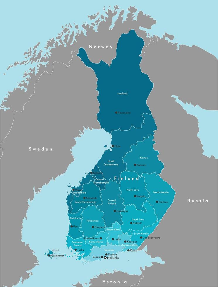 Vector modern illustration. Simplified administrative map of Finland. It is bordered by Sweden, Norway, Russia. Names of finnish cities and regions. Blue and grey colors.