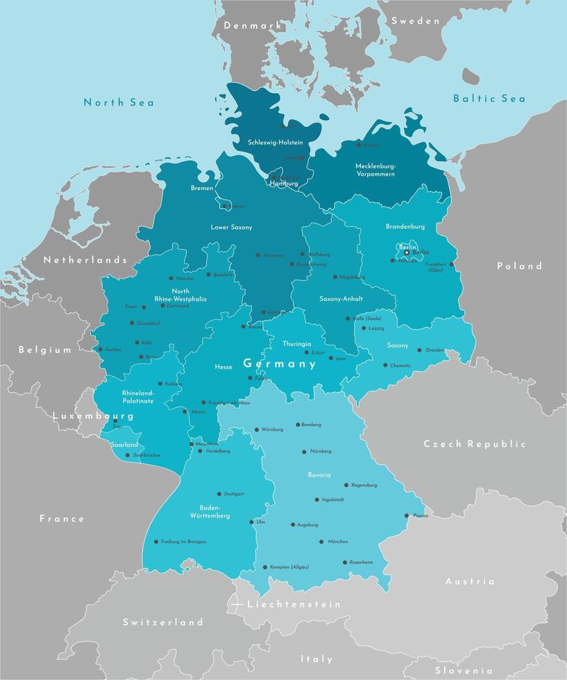 Vector modern illustration. Simplified geographical map of Germany and nearest european states. Blue background of North and Baltic seas. Names of Deutsch cities and provinces