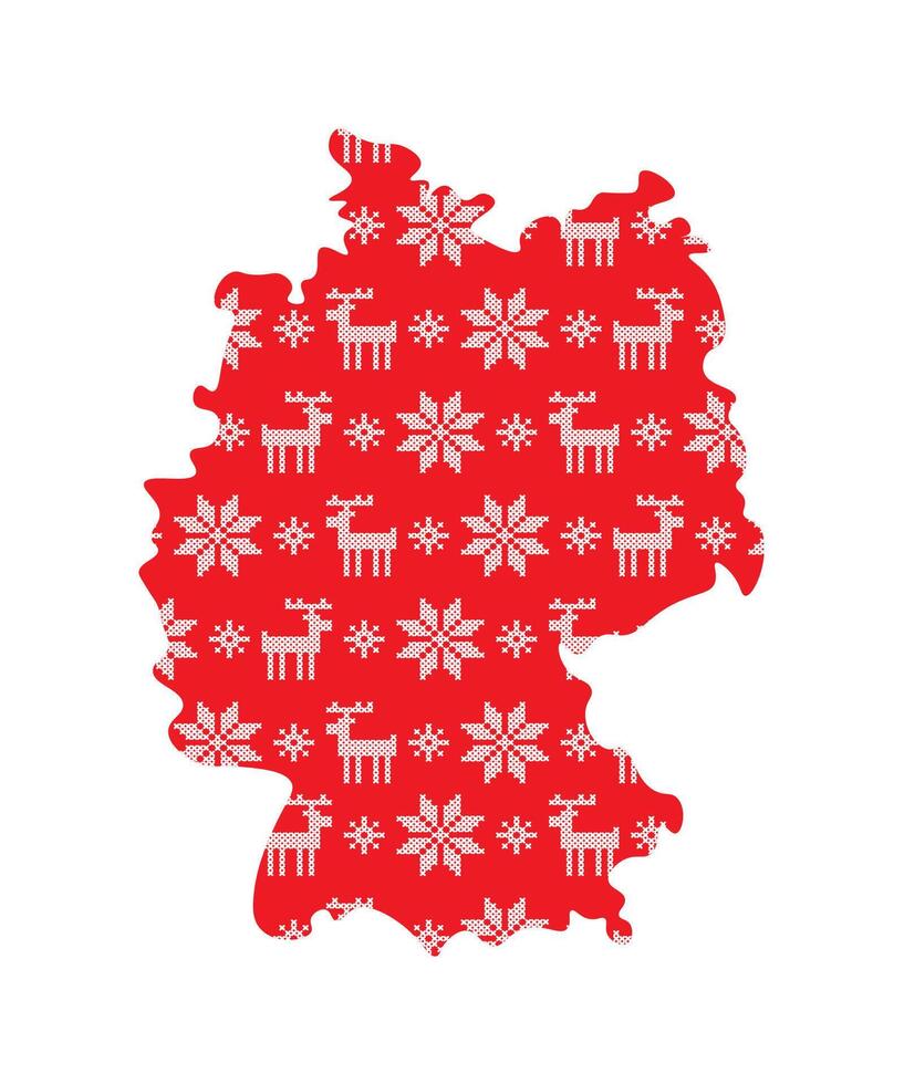 Vector isolated illustration for New Year and Christmas holiday. Simplified Germany map. Red pattern decorated white cross stitched snowflakes and reindeers.