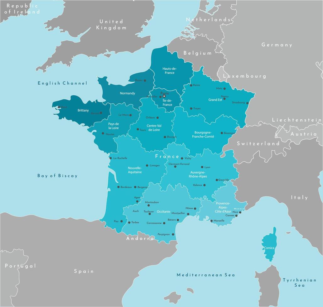 Vector modern illustration. Simplified geographical  map of France and neighboring countries. Blue background of Mediterranean sea. Names of the cities and provinces.