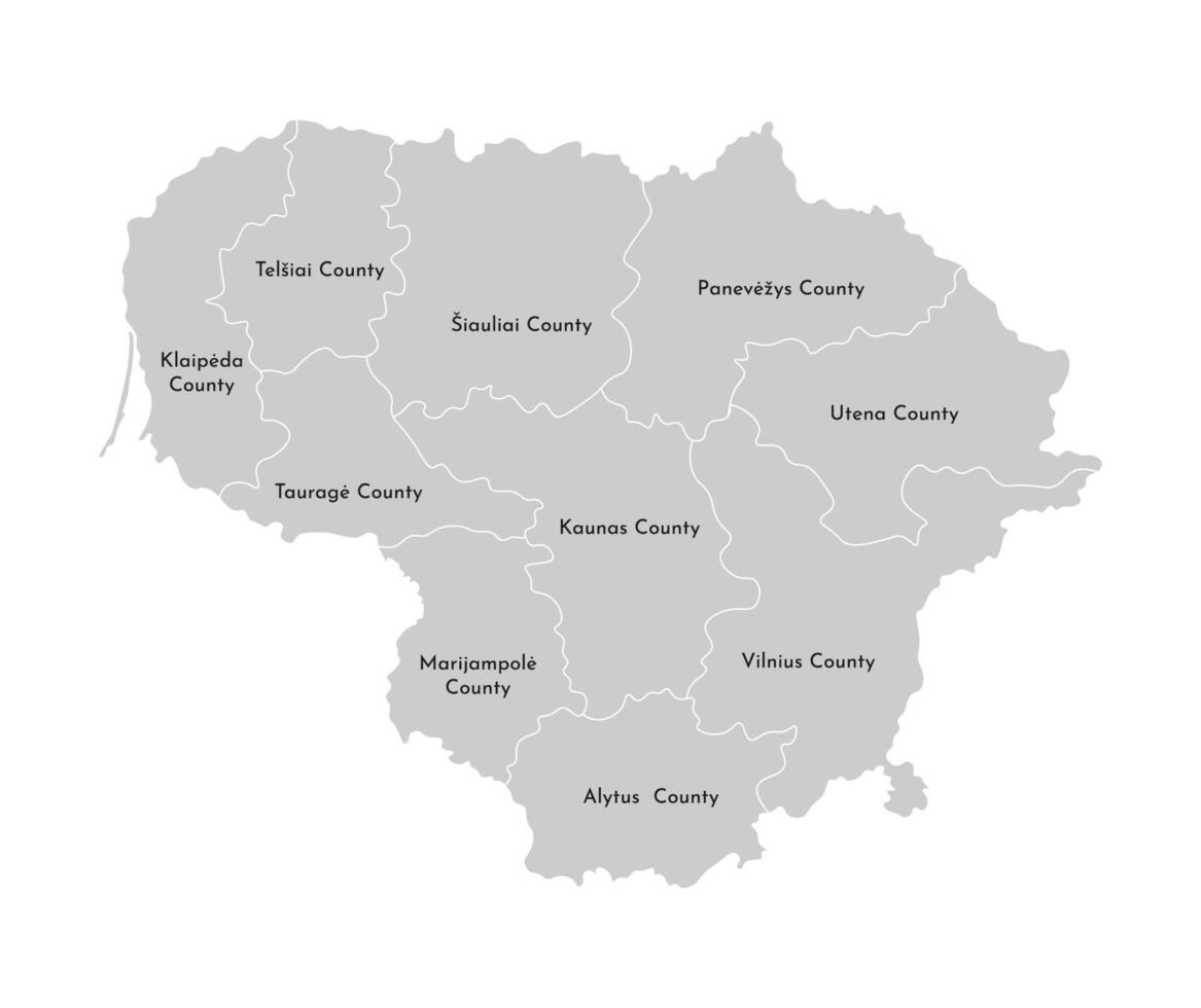 Vector isolated illustration of simplified administrative map of Lithuania. Borders and names of the provinces, counties. Grey silhouettes. White outline.