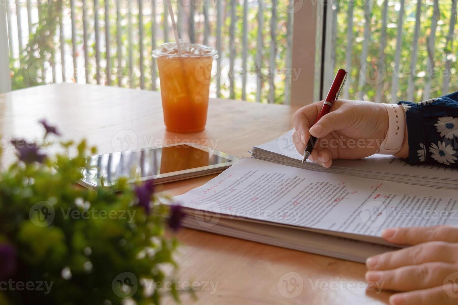 hand holding red pen over blurred paperwork for proofreading photo