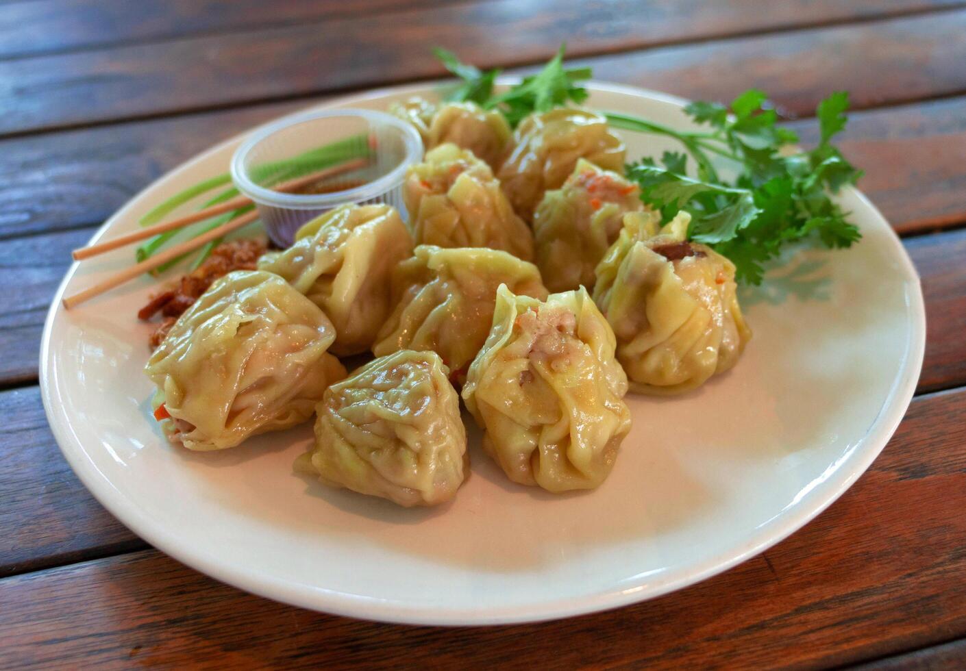 streamed dumplings with sauce on dish photo