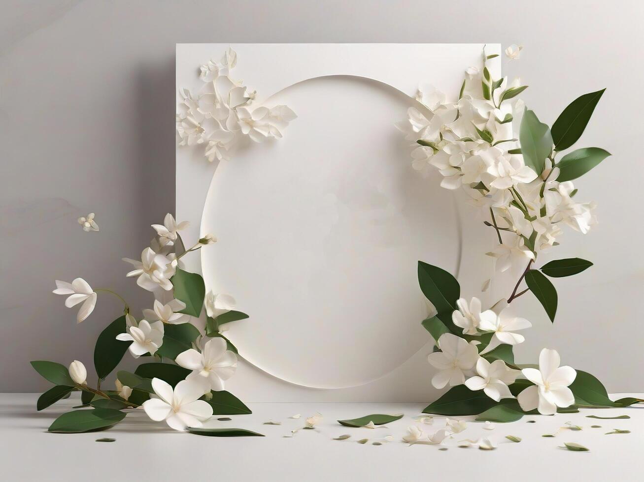 AI generated Wedding Frame with Leaves and Flowers suitable for Mockup Logo or Copy Space photo