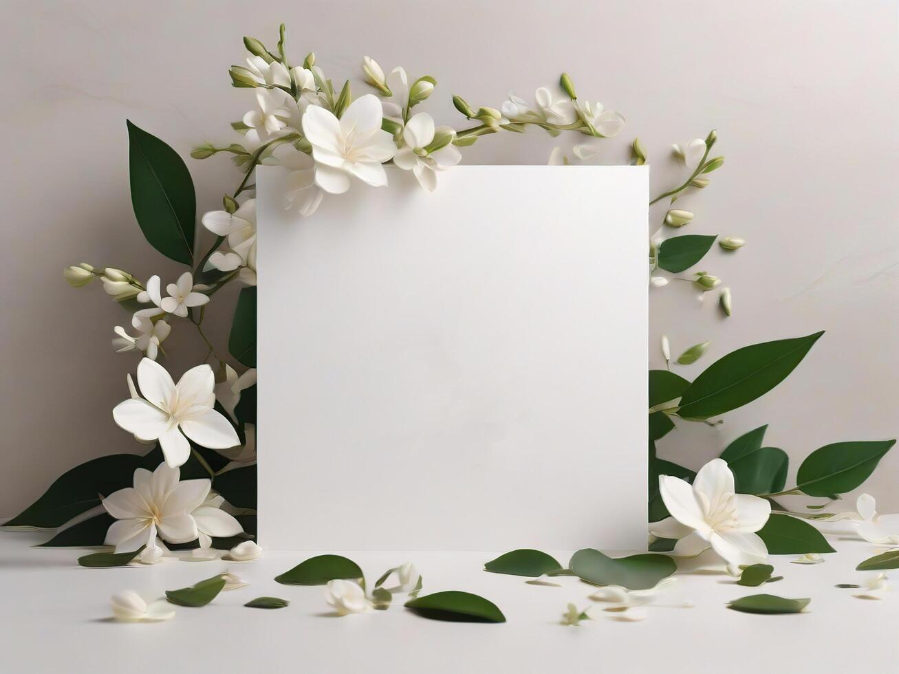 AI generated Wedding Frame with Leaves and Flowers suitable for Mockup Logo or Copy Space photo