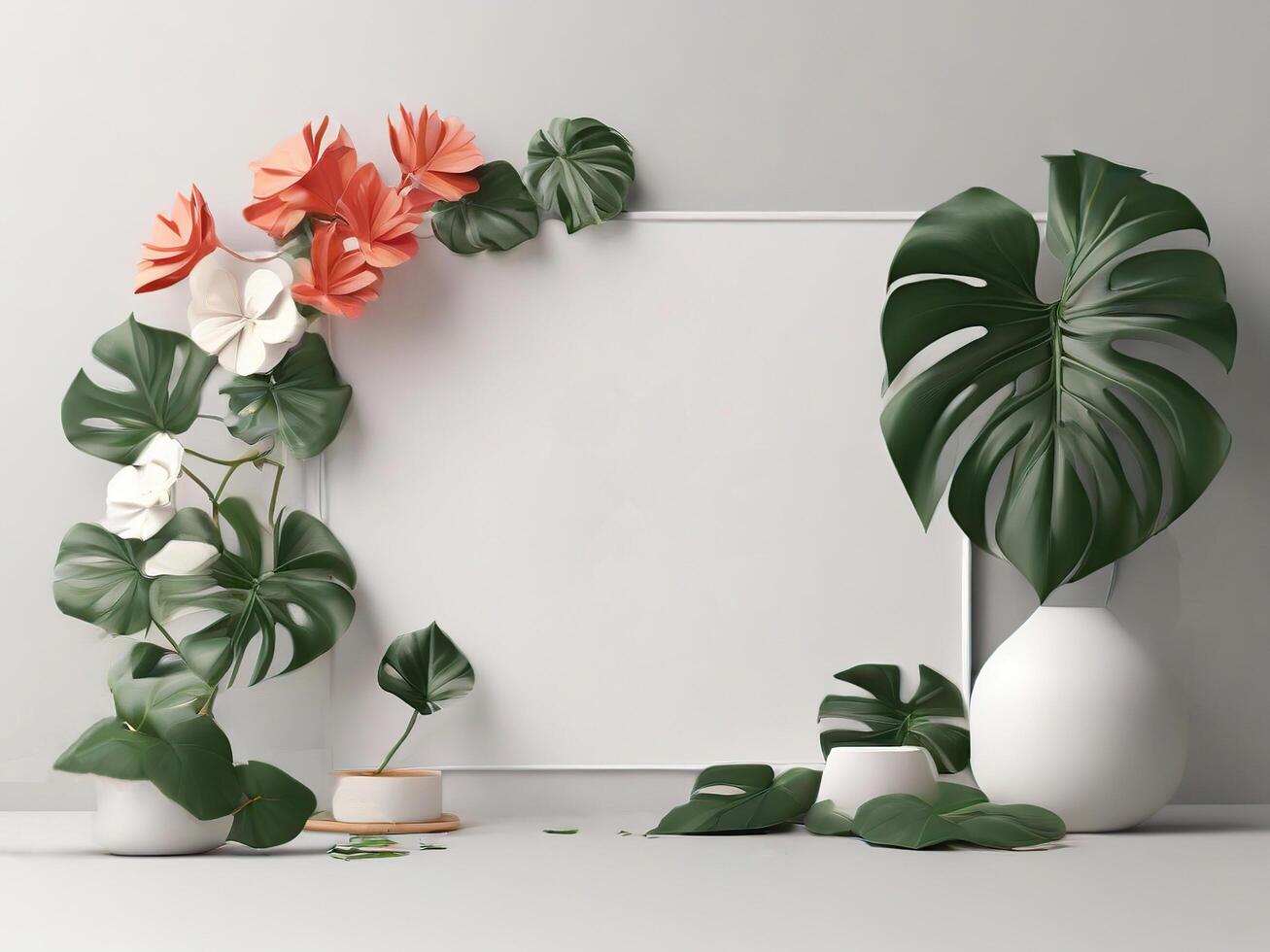 AI generated Wedding Frame with Leaves and Flowers suitable for Mockup Logo or Copy Space photo