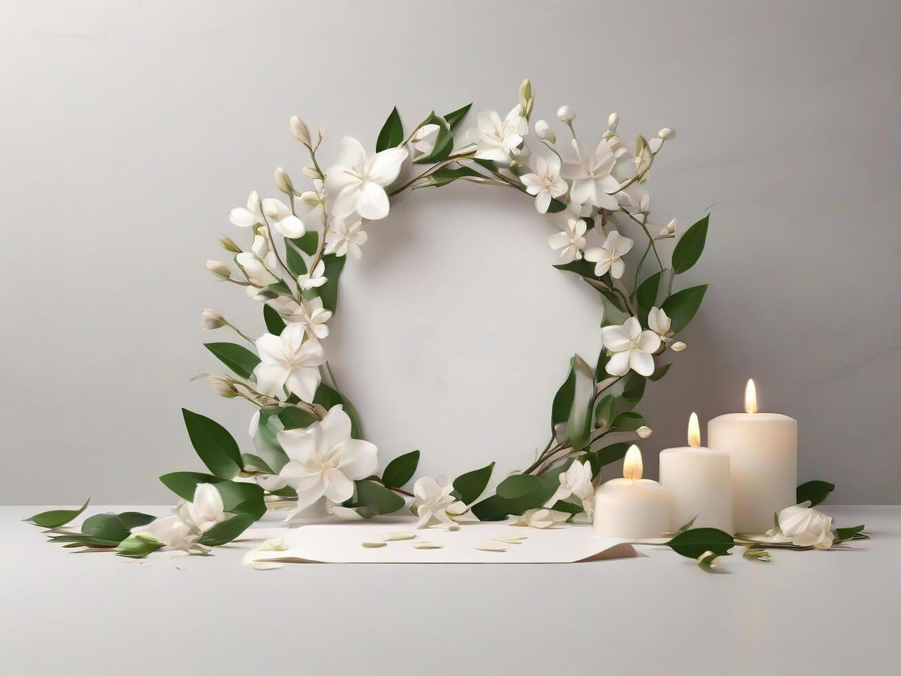 AI generated Wedding Frame with Leaves and Flowers suitable for Mockup Logo or Copy Space photo