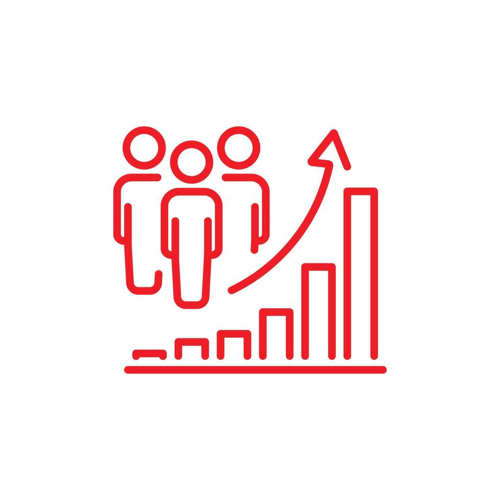 red population growth line art icon, increase social development, global demography, people evolution chart, thin line symbol on white background - editable stroke vector eps10
