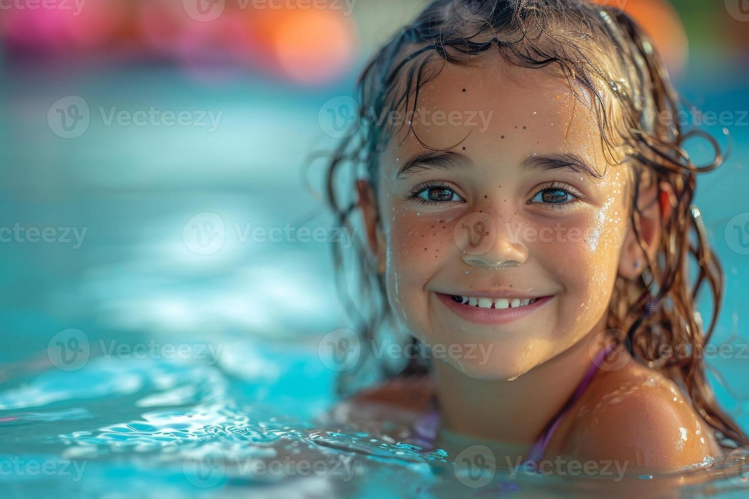 AI generated A pretty little girl is swimming in the pool photo