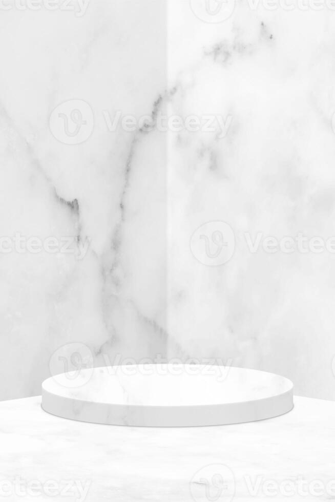 Minimal Marble Cylinder Podium on Ground with Wall Background, Suitable for Product Presentation, Mockup and Background on Mobile Phone. photo