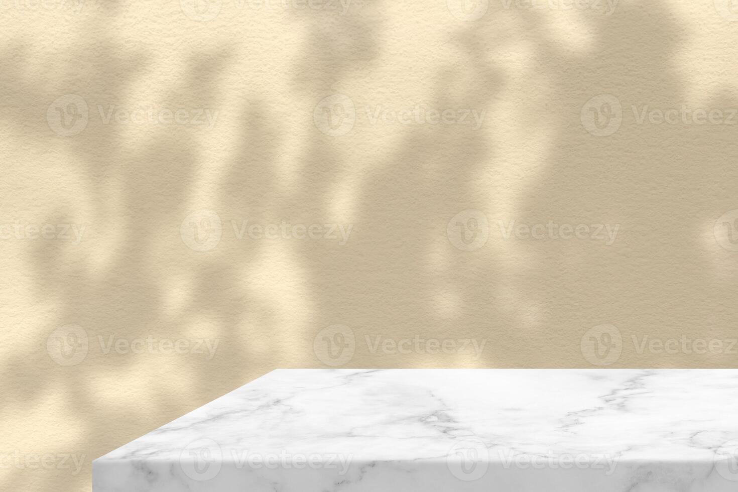 Minimal White Marble Table Corner with Shadow and Beige Light Beam on Concrete Wall Background, Suitable for Product Presentation Backdrop, Display, and Mock up. photo