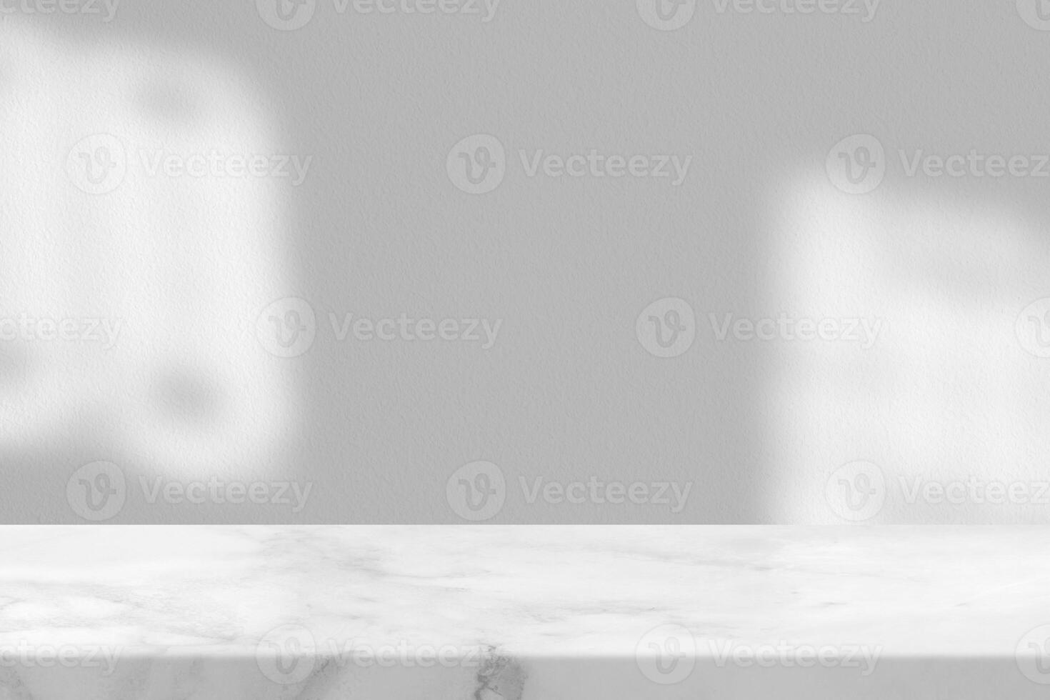 Marble Table with White Stucco Wall Texture Background with Light Beam and Shadow, Suitable for Product Presentation Backdrop, Display, and Mock up. photo
