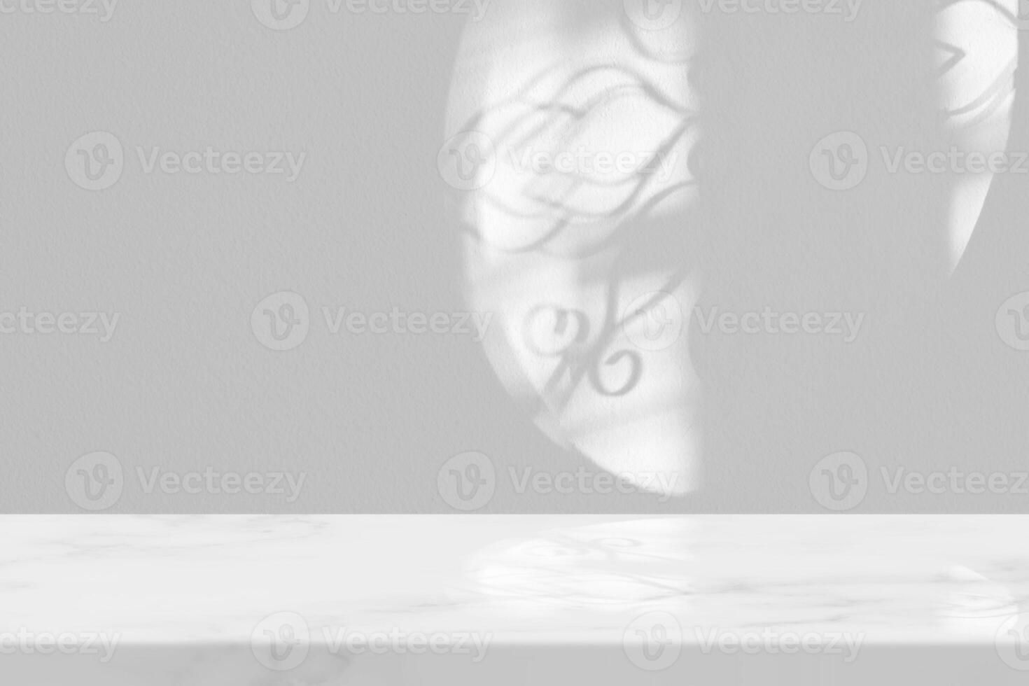 Minimal White Marble Table with Light Beam from Window to Concrete Wall Background, Suitable for Product Presentation Backdrop, Display, and Mock up. photo