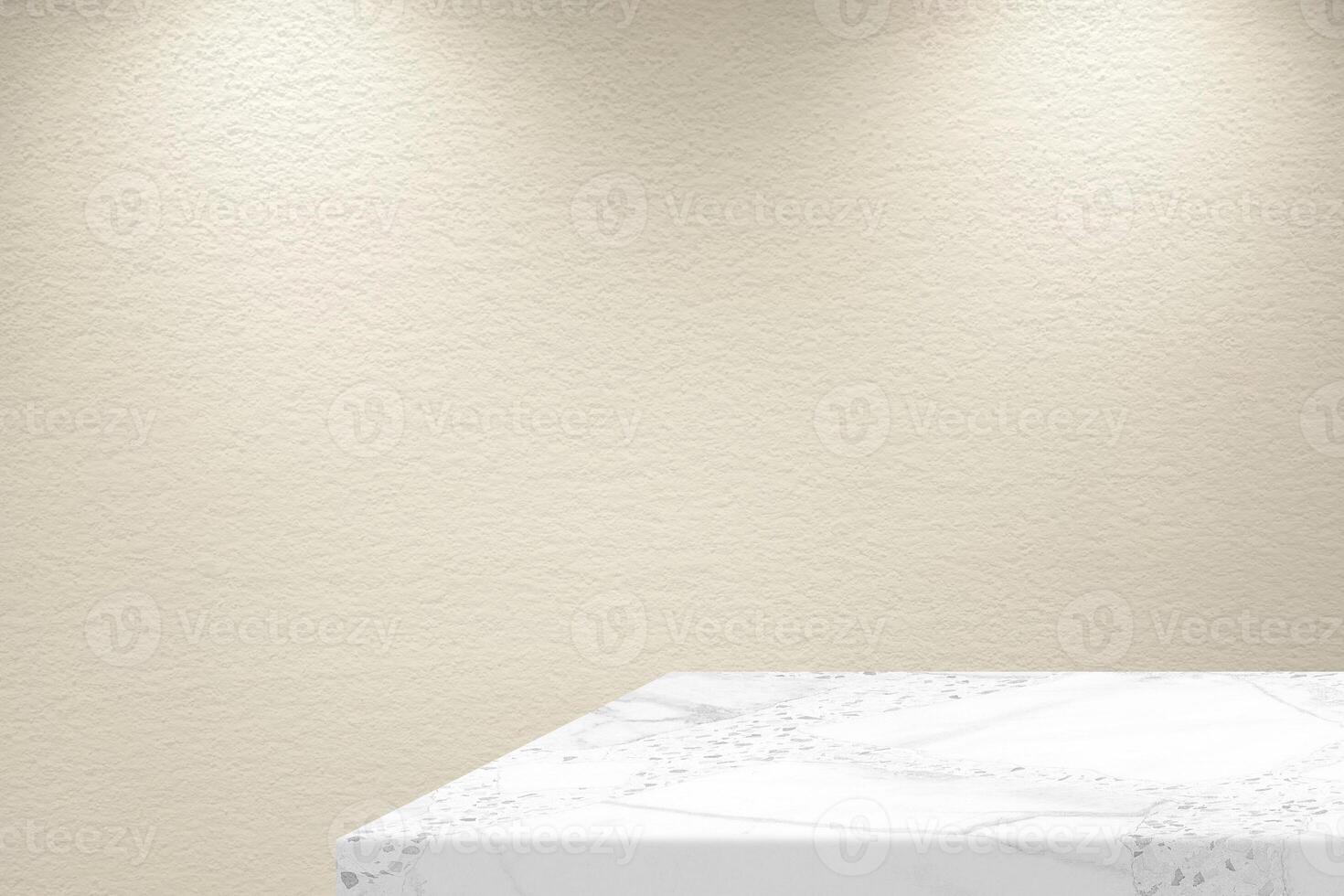 Marble Table Corner with Concrete Wall Background and Spotlight from the Top, Suitable for Product Presentation Backdrop, Display, and Mock up. photo