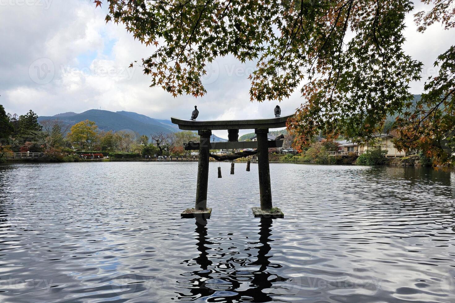Ancient Torii at Kinrin Lake in Autumn. It is a famous landmark of Yufuin in Oita District, Japan. photo
