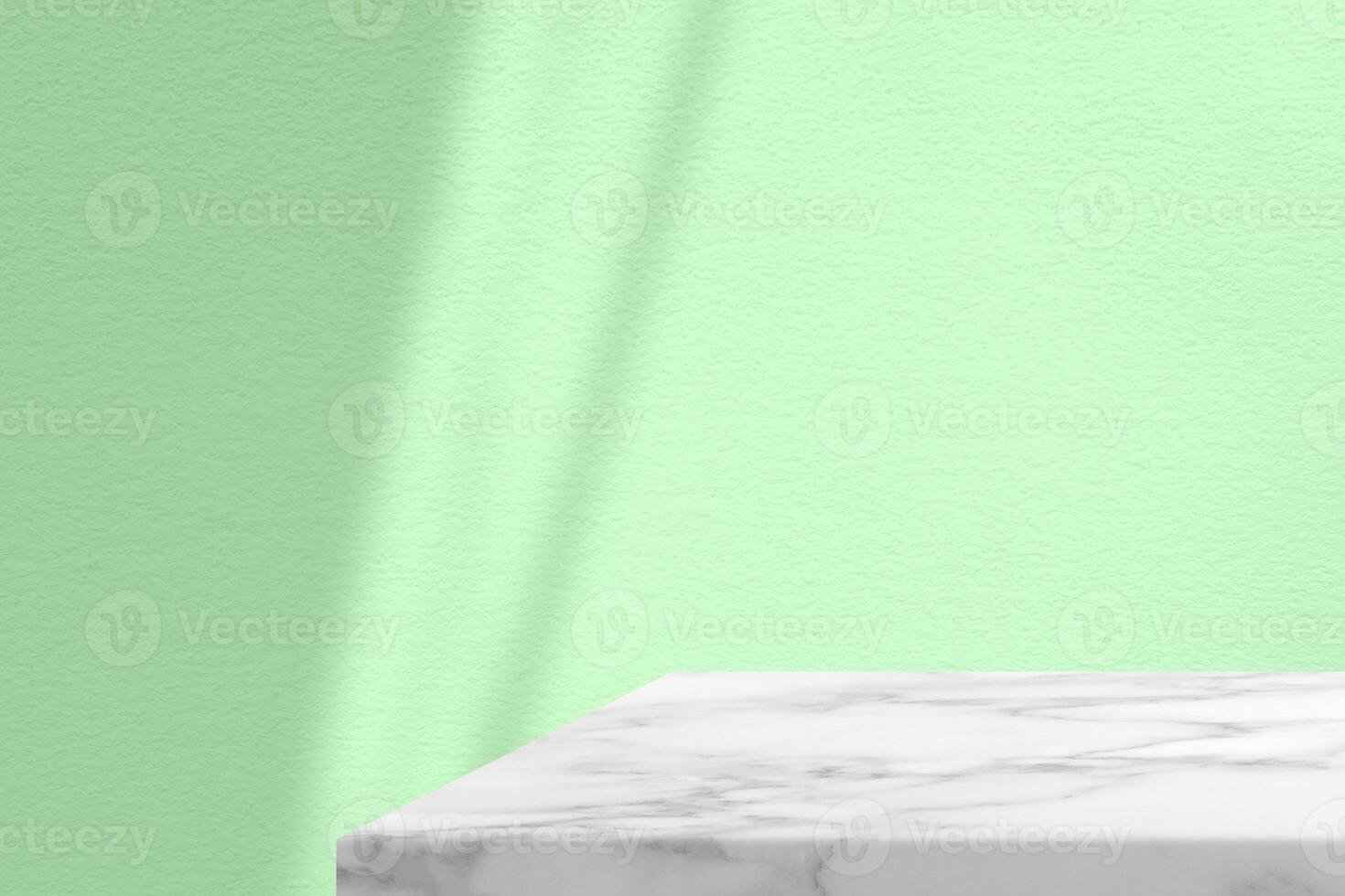 Minimal White Marble Table Corner with Shadow and Palegreen Beam on Concrete Wall Background, Suitable for Product Presentation Backdrop, Display, and Mock up. photo