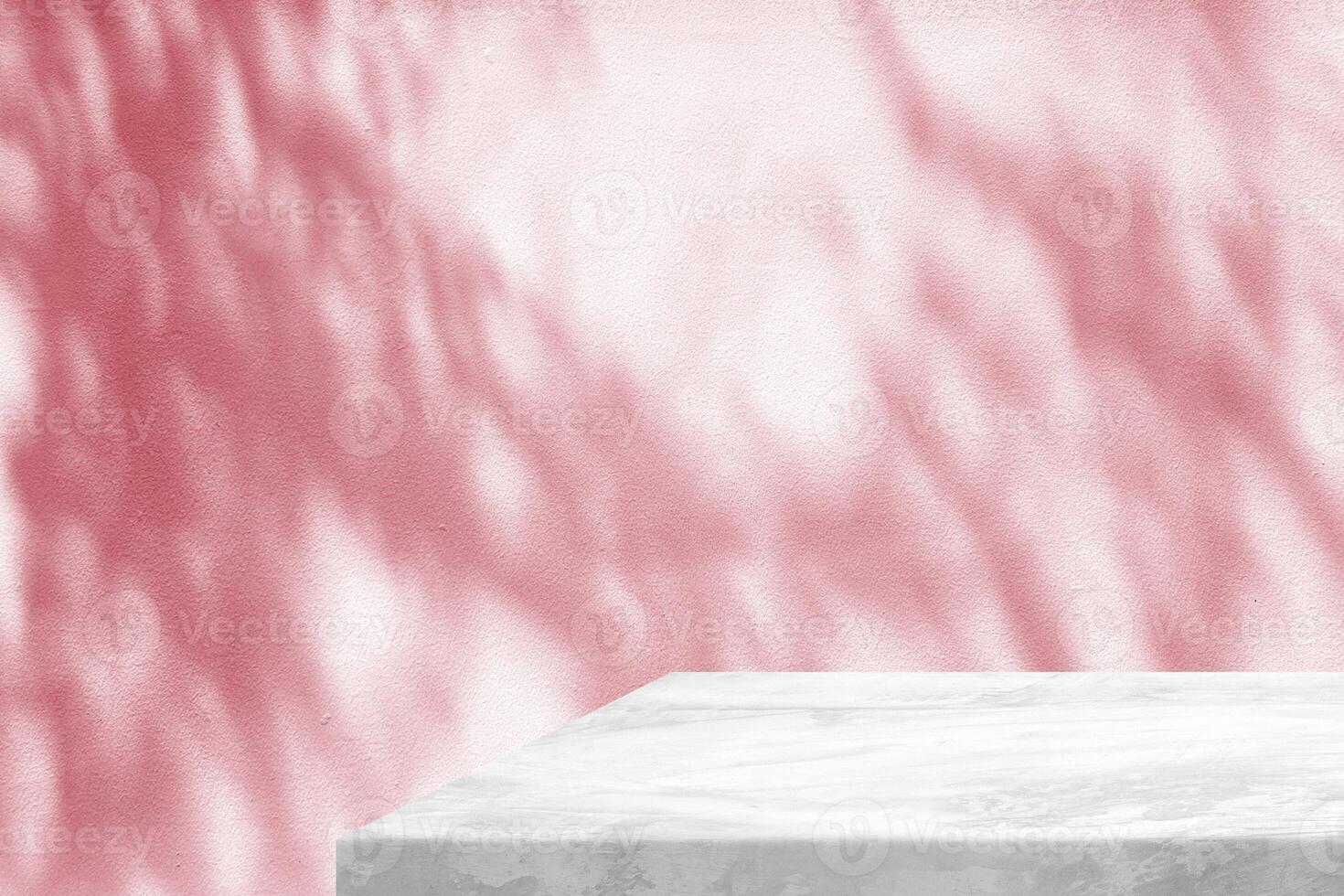 Minimal White Marble Table Corner with Shadow and Pink Light Beam on Concrete Wall Background, Suitable for Product Presentation Backdrop, Display, and Mock up. photo