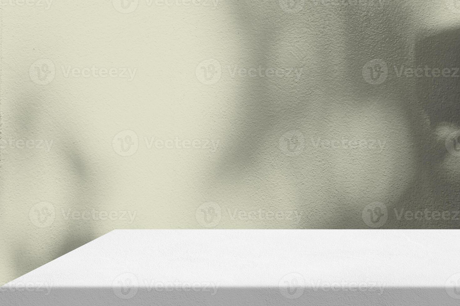 White Stucco Marble Table with Beige Stucco Wall Texture Background with Light Beam and Shadow, Suitable for Product Presentation Backdrop, Display, and Mock up. photo