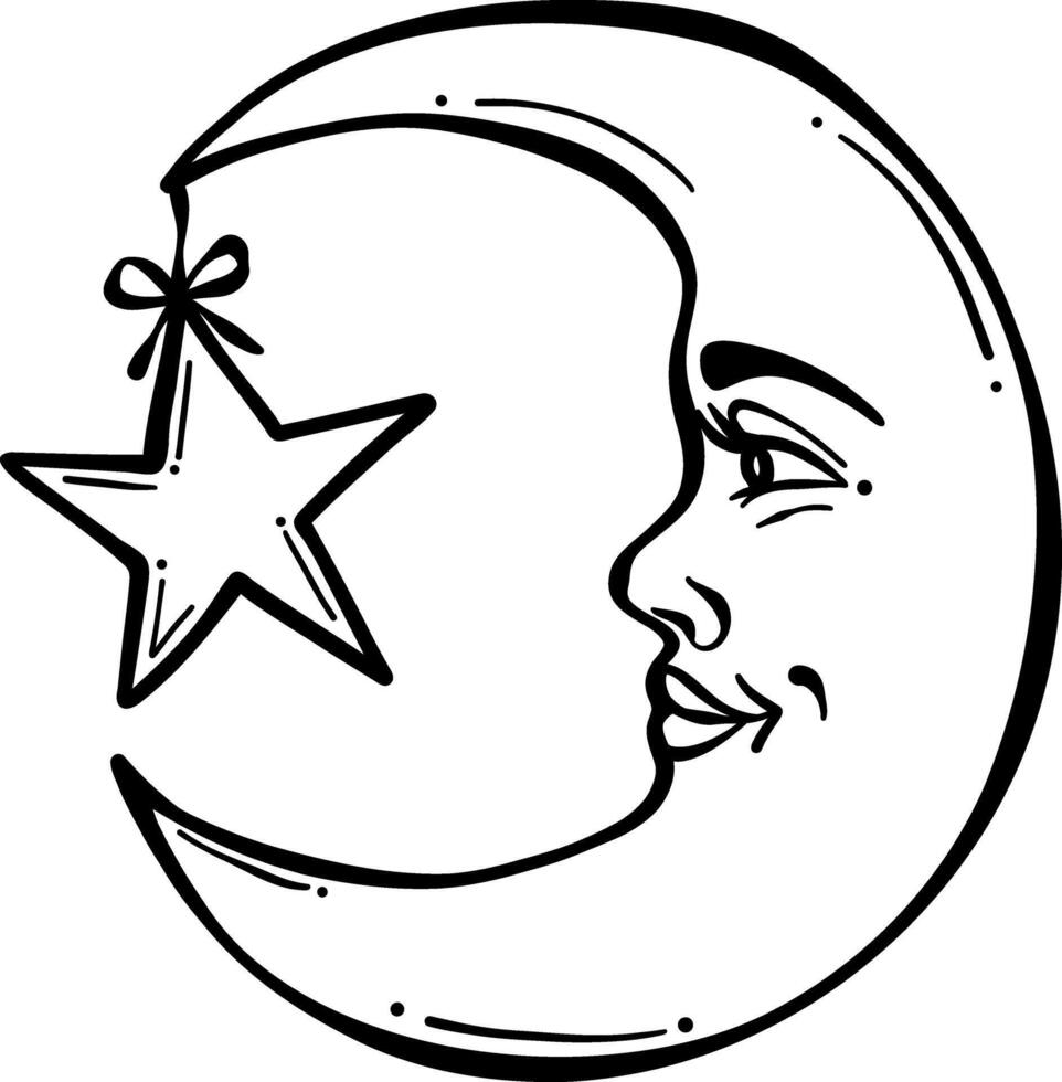 Sweet dreams smiling moon with a star, hand drawn vector line art illsutration, decorative clip art element