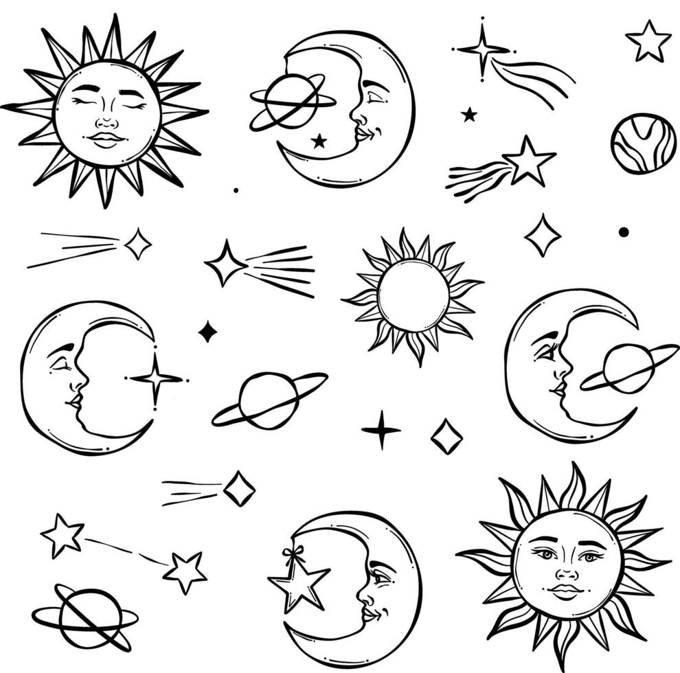 Celestial line art illustration, vector sun and moon clip art with stars and planets, hand drawn magical mystic design element collection