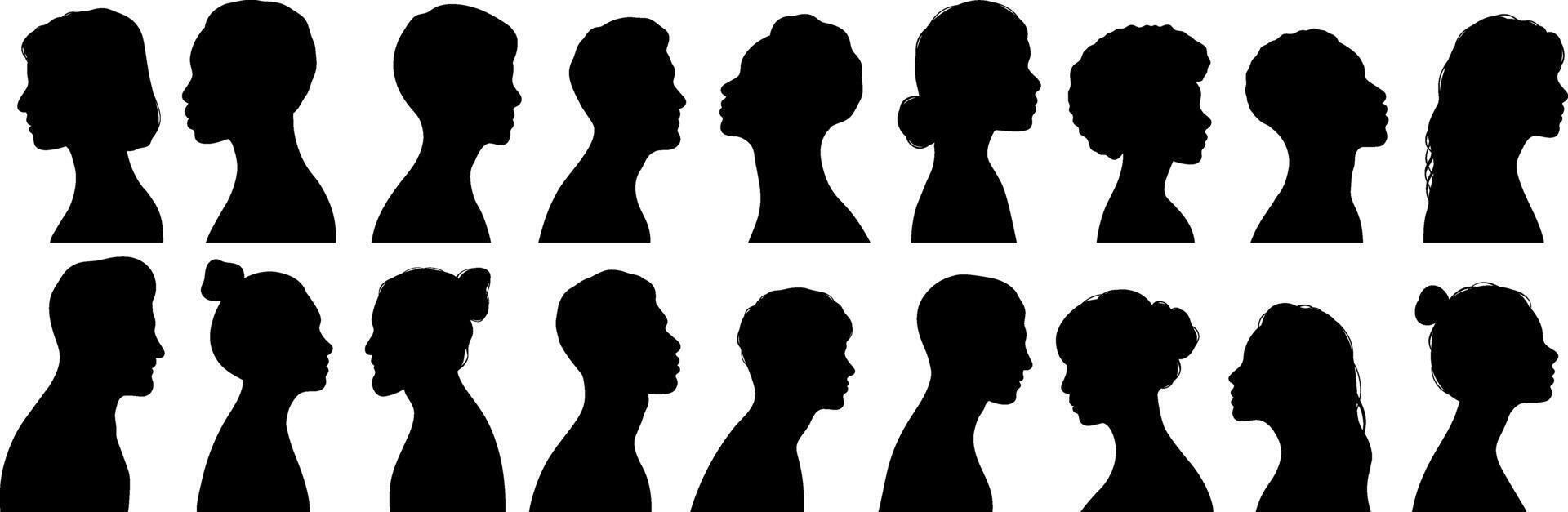 humano perfil siluetas, diverso caras mirando oblicuo, vector acortar Arte colocar, aislado