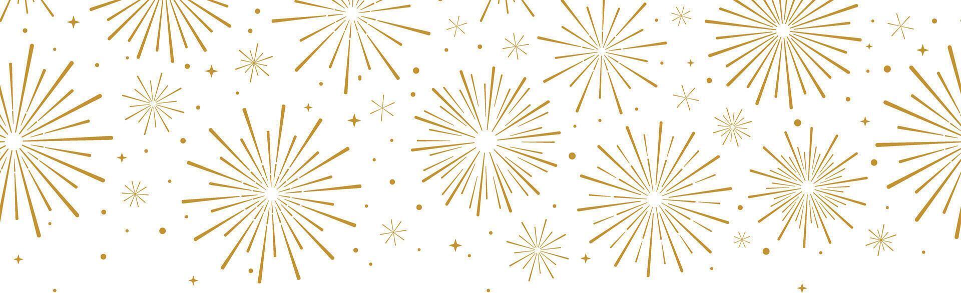 Gold firework vector banner, seamless repeating pattern for new year celebration, greeting card decoration element, simple golden border design, isolated