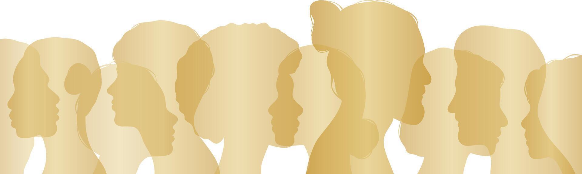 Gold human head silhouettes, diversity banner with faces, profile illsutration vector banner, society poster design