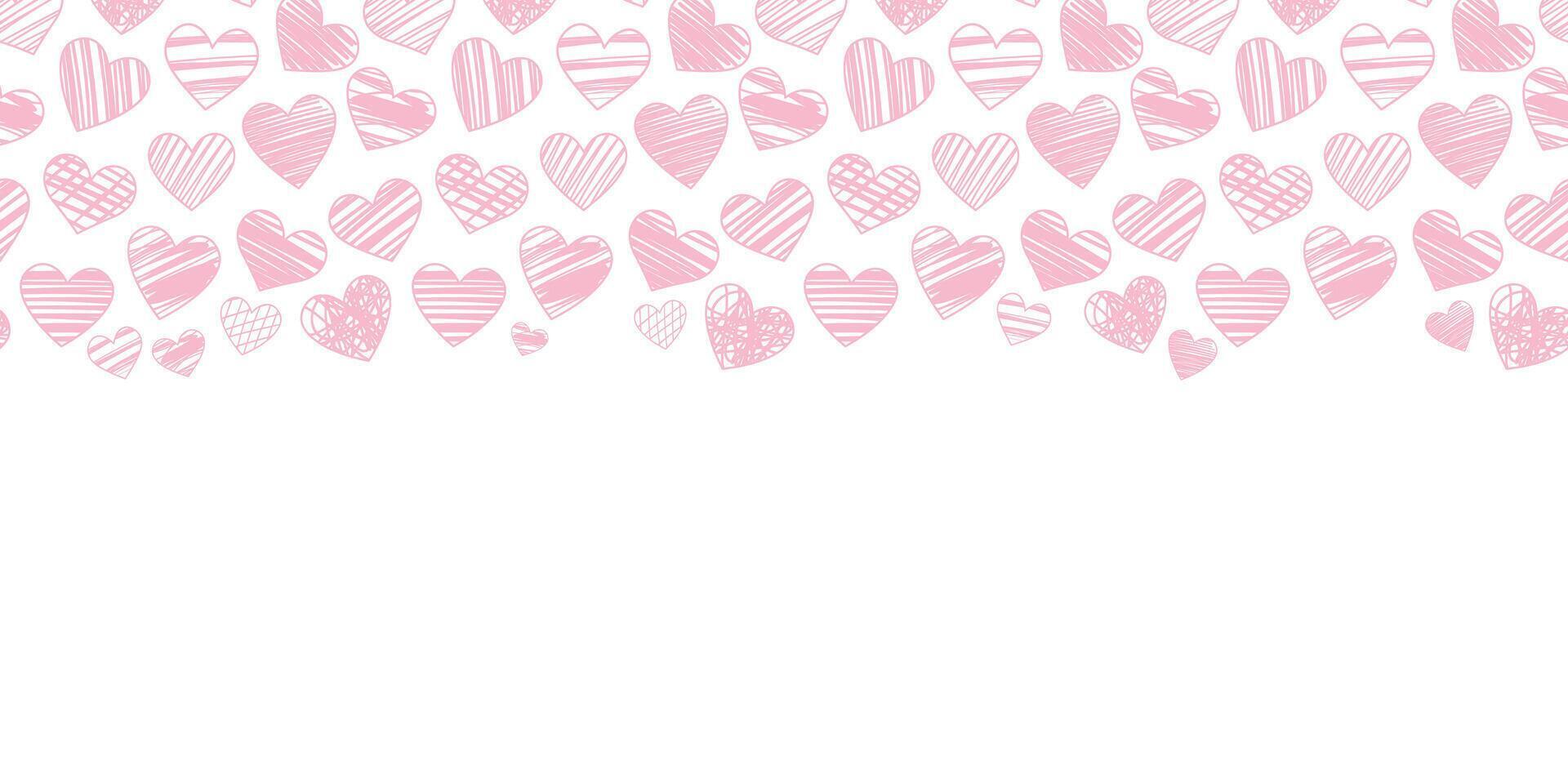 Pink heart border, vector banner with hand drawn hearts cute valentine day celebration background, holiday wallpaper design