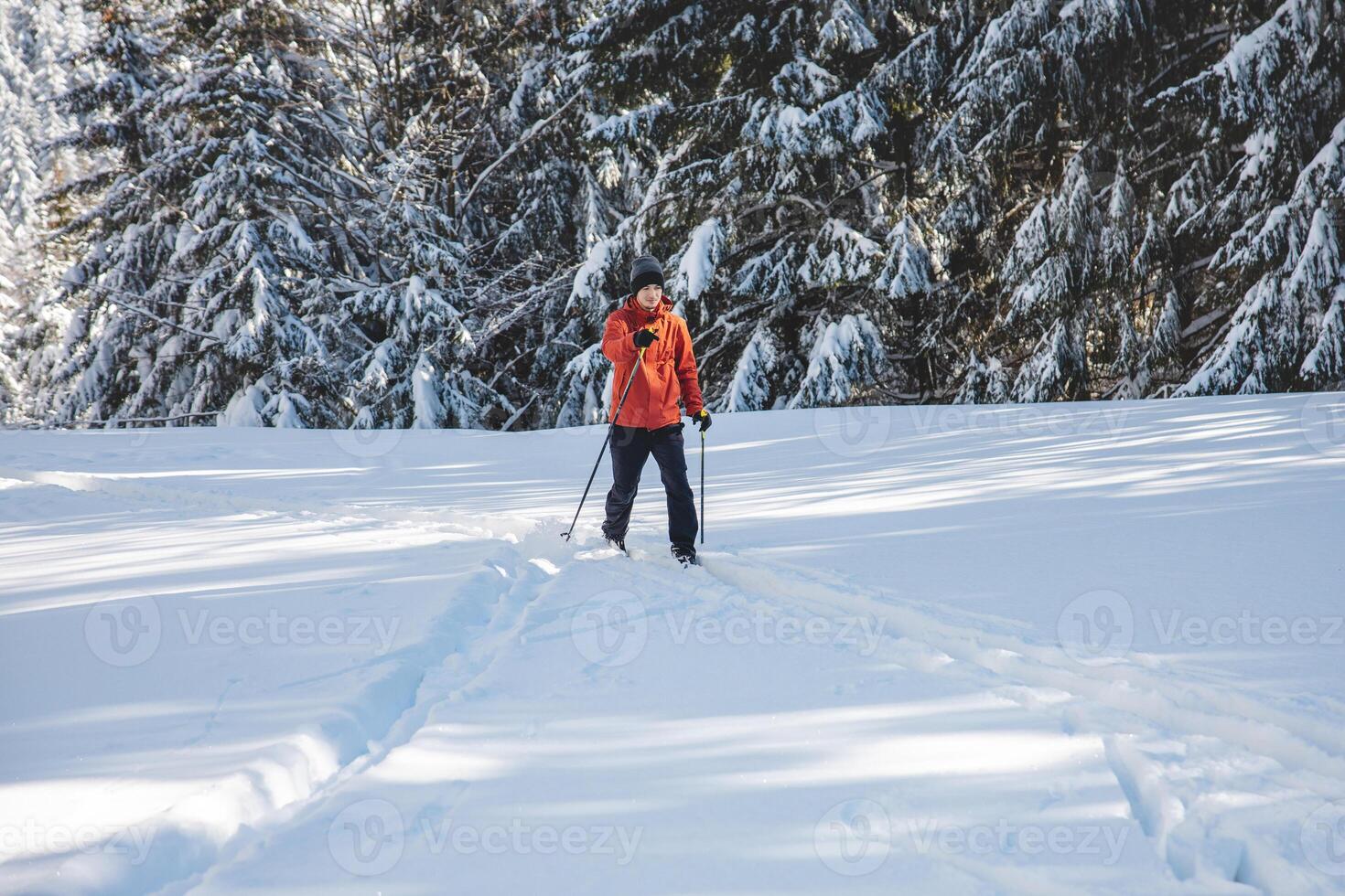 joven adulto a campo traviesa esquiador Envejecido 20-25 haciendo su propio pista en profundo nieve en el desierto durante Mañana soleado clima en beskydy montañas, checo república foto