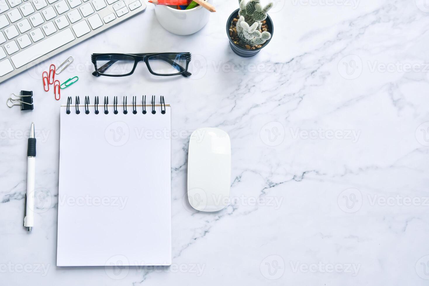 flat lay photo of workspace.  Top view mock up notebooks