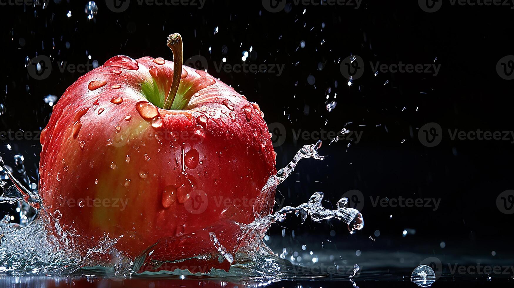 AI generated Fresh Apple with splashed water isolated on black background photo