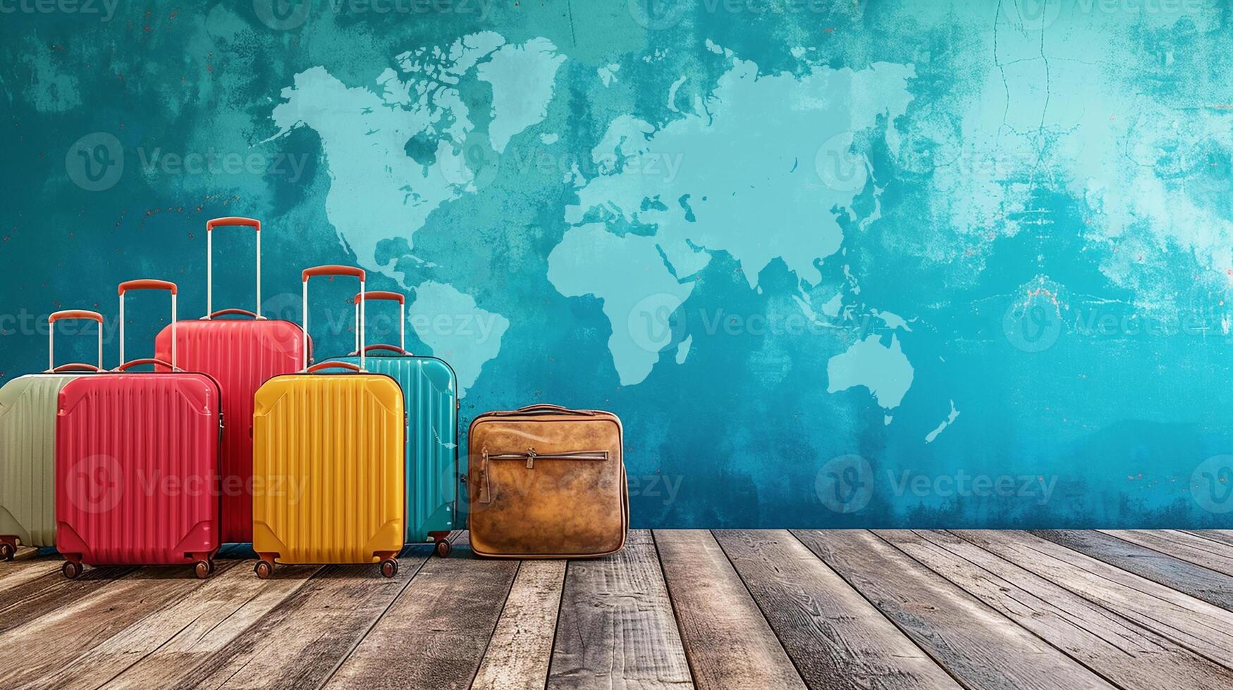 AI generated different colored luggage on Wooden floor with map wall background, advertisement, travel concept photo