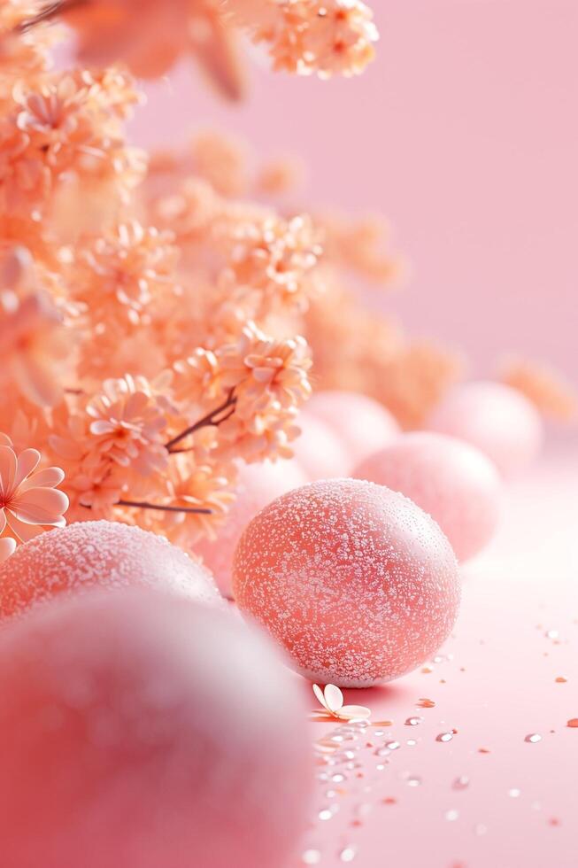 AI generated Easter dreamy Peach Fuzz colored eggs with spring blooming flowers background. Futuristic Easter Eggs poster template. Trendy springtime festive holiday banner with copy space for text. photo