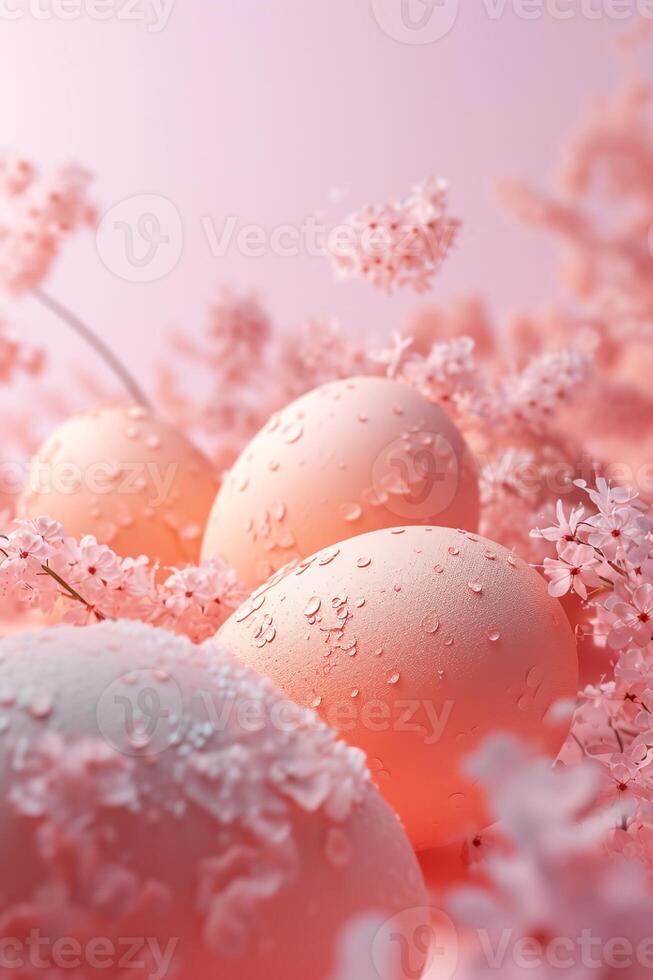 AI generated Easter dreamy Peach Fuzz colored eggs with spring blooming flowers background. Futuristic Easter Eggs poster template. Trendy springtime festive holiday banner with copy space for text. photo