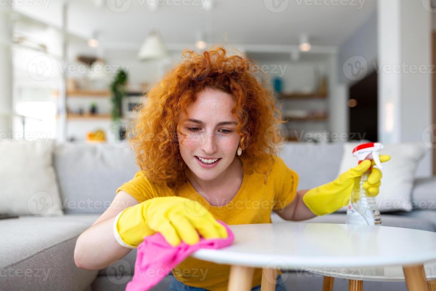 Beautiful young woman cleaning the house. Girl rubs dust. Smiling woman wearing rubber protective yellow gloves cleaning with rag and spray bottle detergent. Home, housekeeping concept. photo
