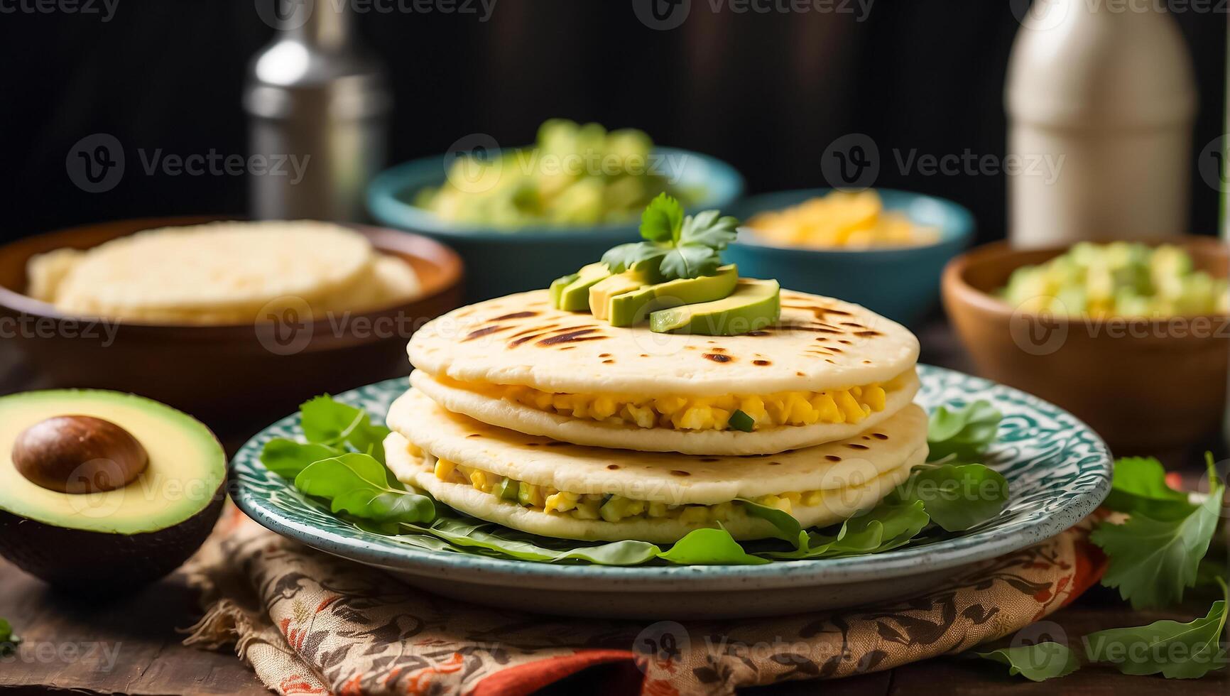 AI generated Delicious arepas, avocados in the kitchen photo