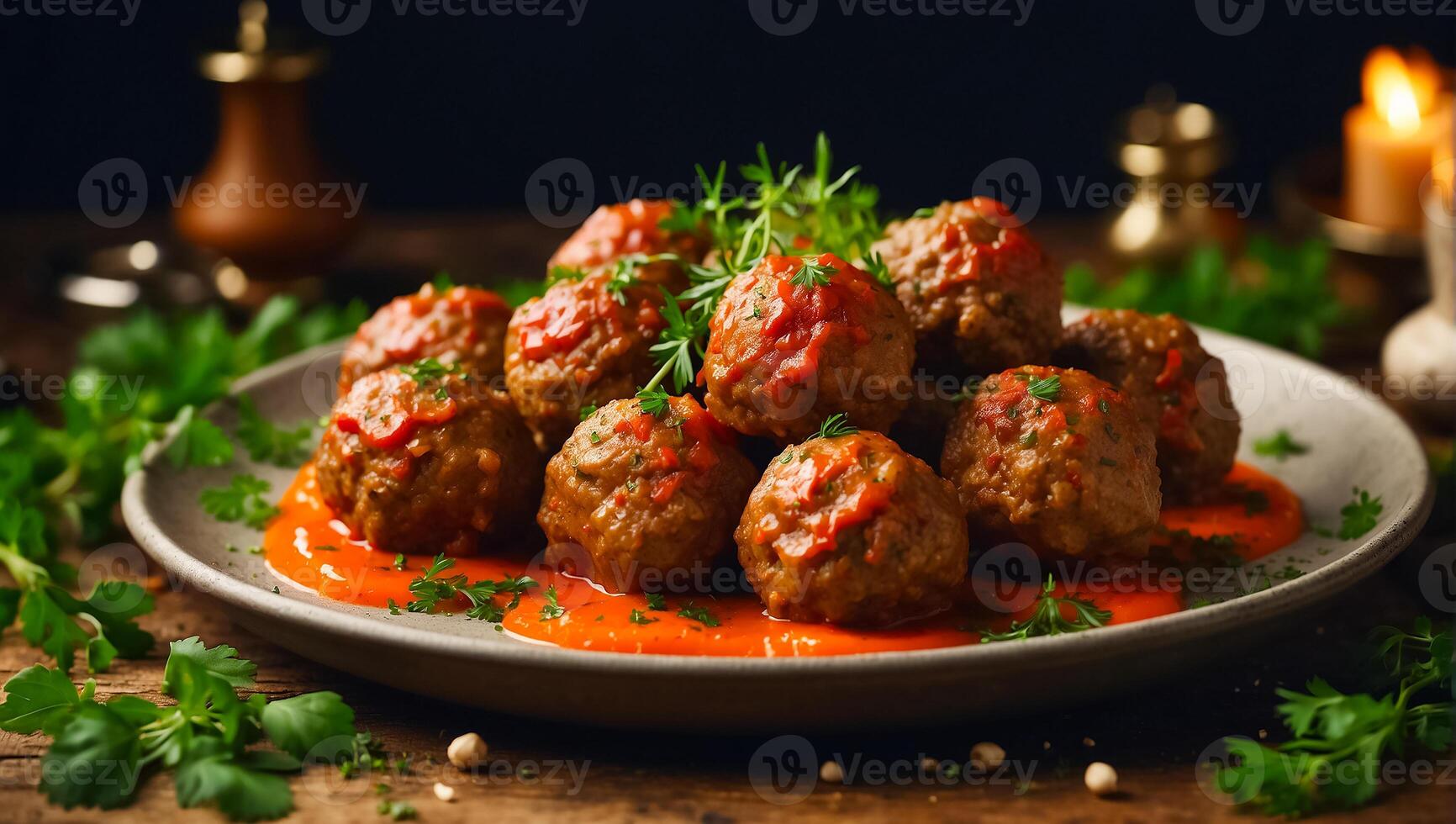 AI generated Delicious appetizing meatballs in tomato sauce on the table photo