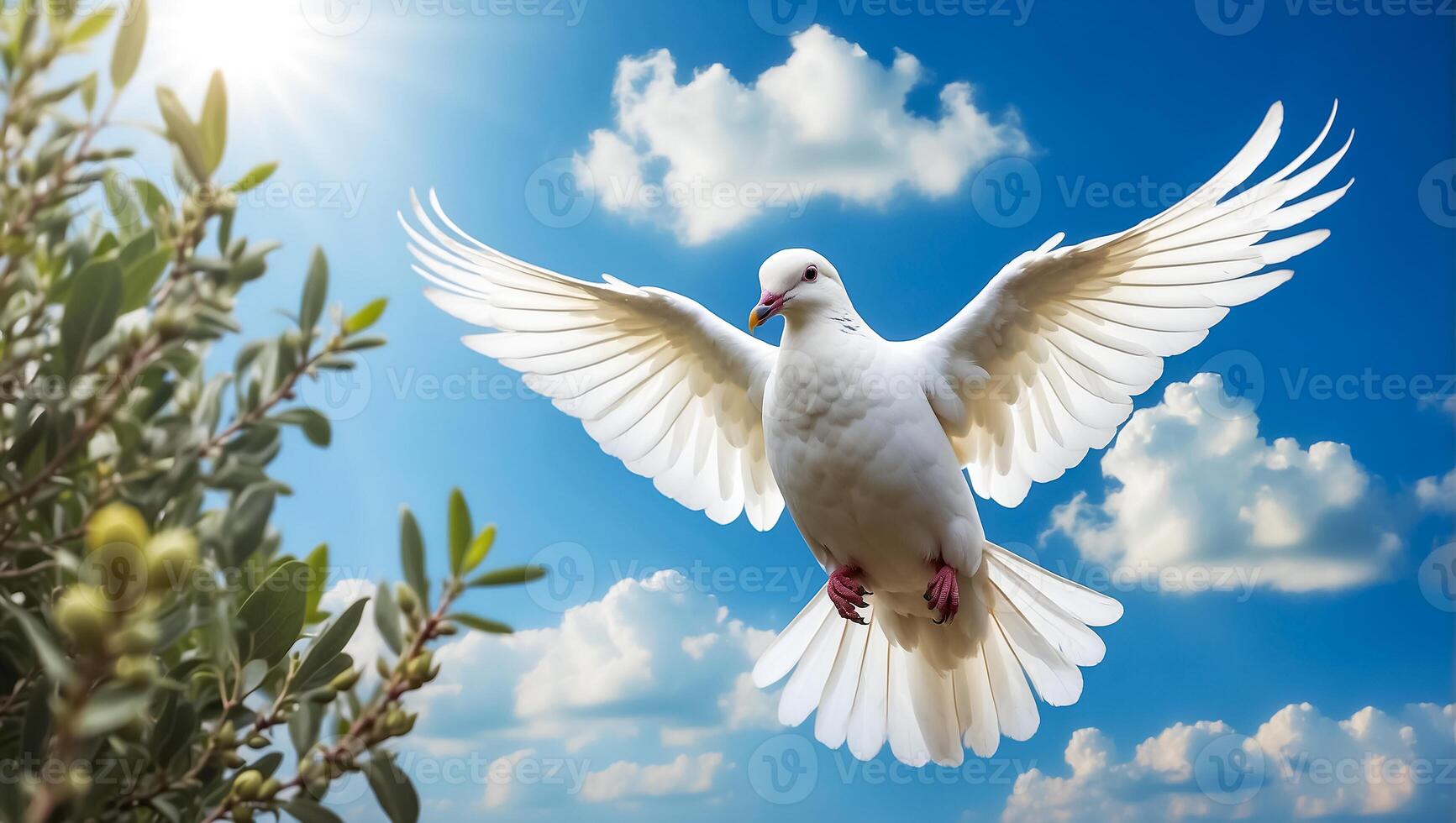 AI generated White dove against the sky with clouds, branch photo