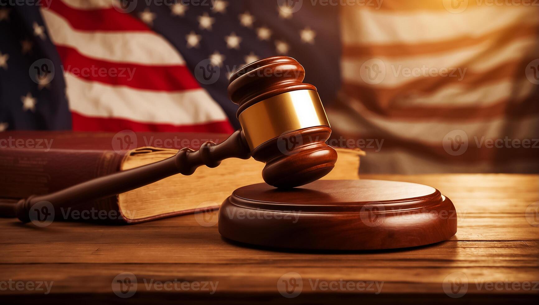 AI generated Judge gavel, American flag banner photo