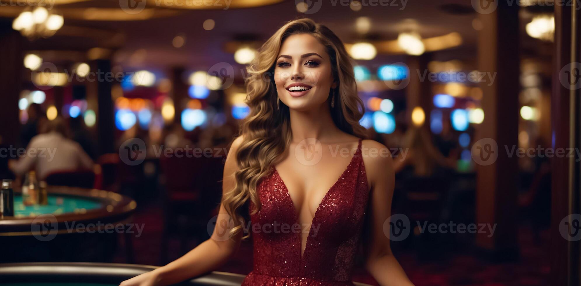 ai generado hermosa niña en un casino foto