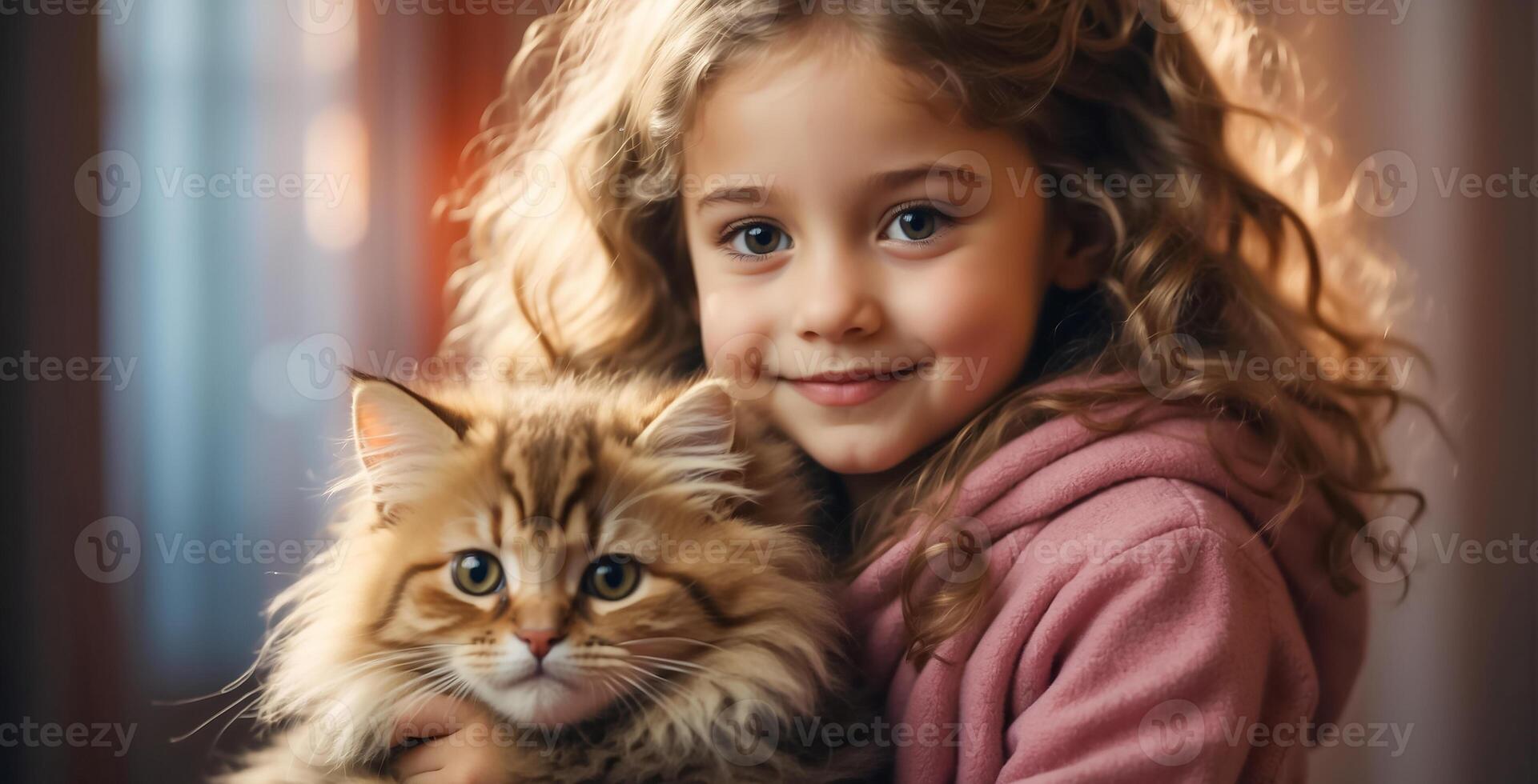 ai generado pequeño niña con linda gato a hogar retrato foto