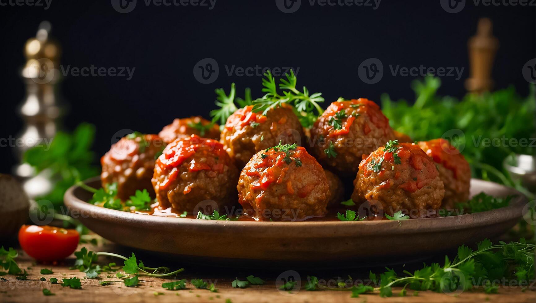 AI generated Delicious appetizing meatballs in tomato sauce on the table photo