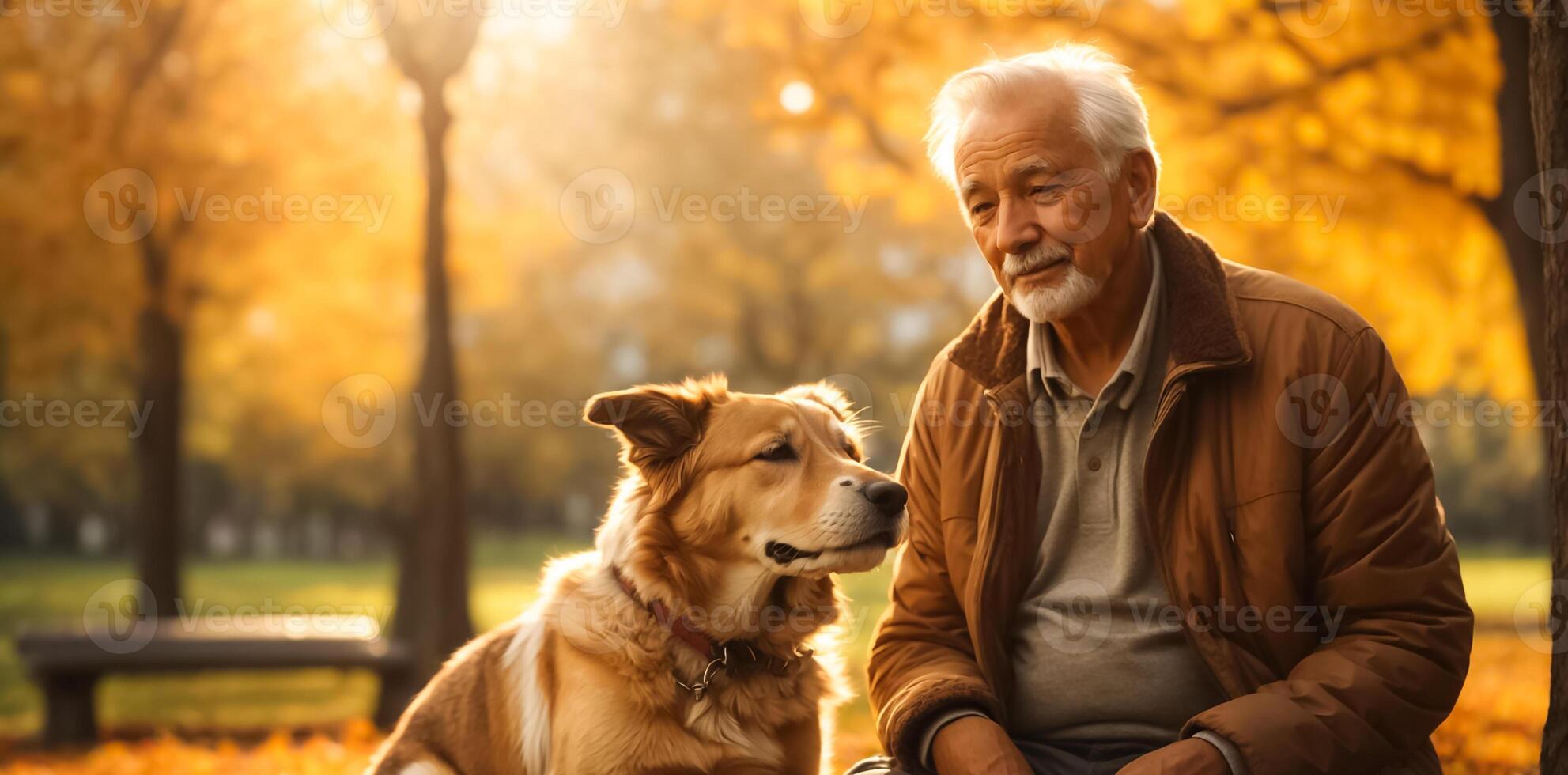 AI generated Portrait of an elderly man with a dog in nature photo