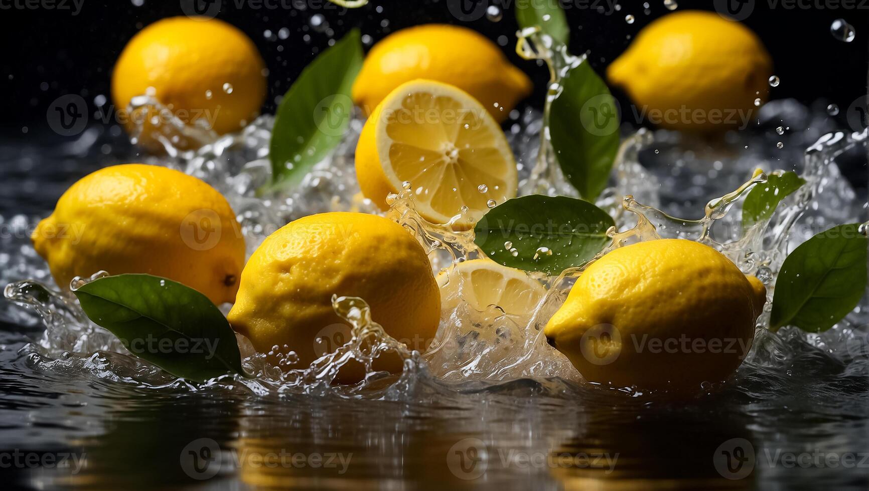 AI generated Fresh ripe lemons, water drops, splash photo