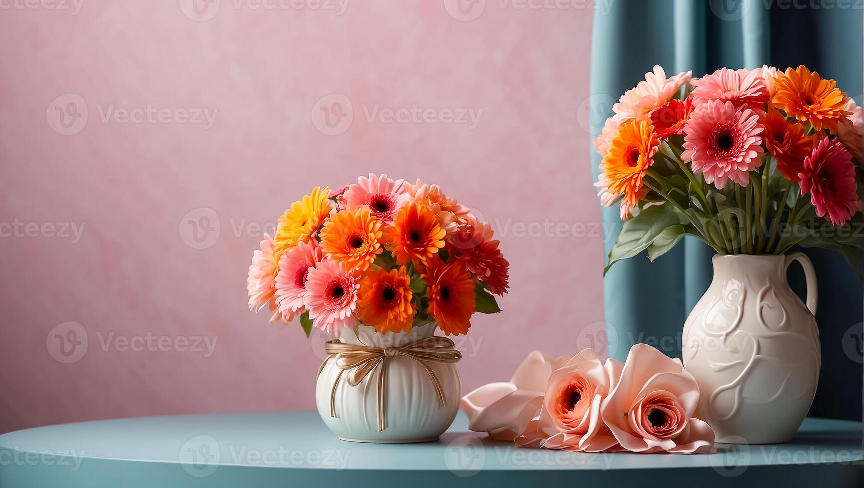 AI generated Beautiful gerbera flowers, gift box on the table photo
