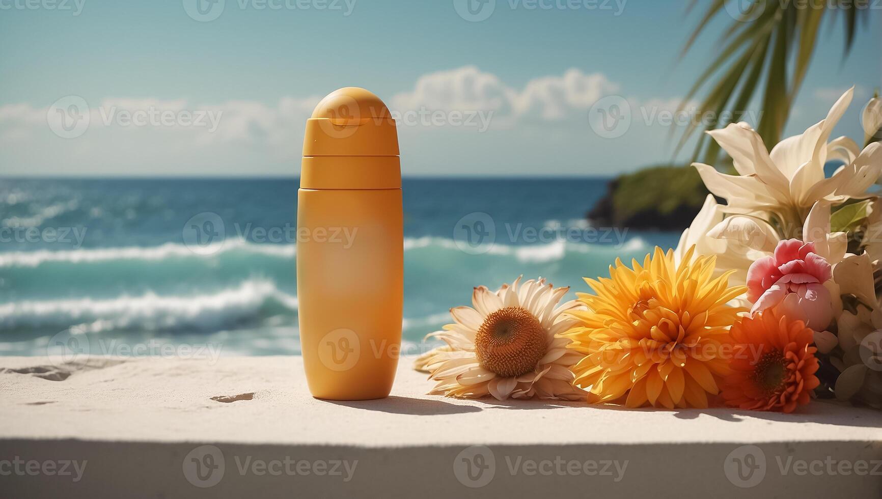 AI generated Sunscreen, flower on sea background photo
