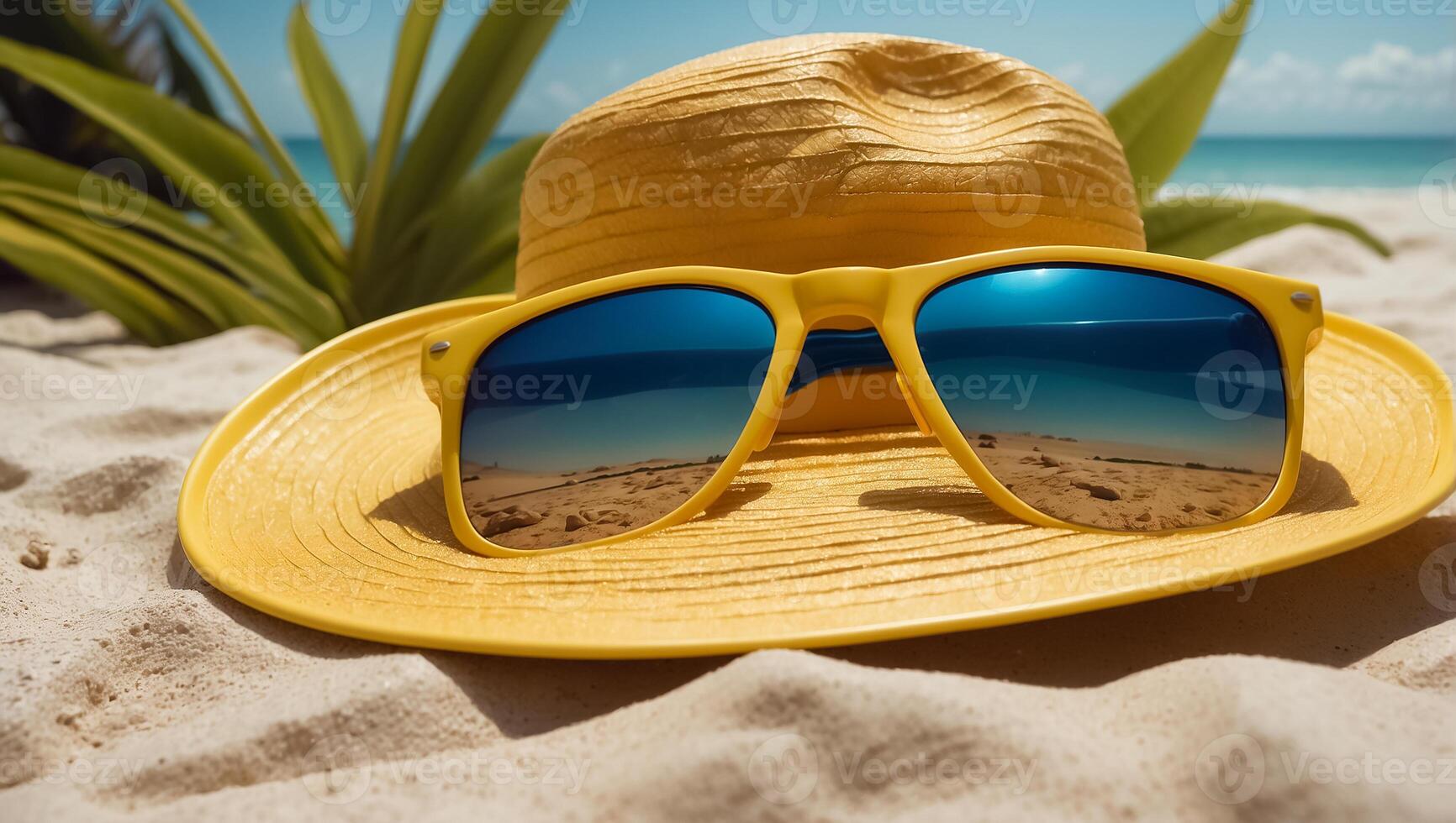 AI generated hat, sunglasses on the background of the sea photo