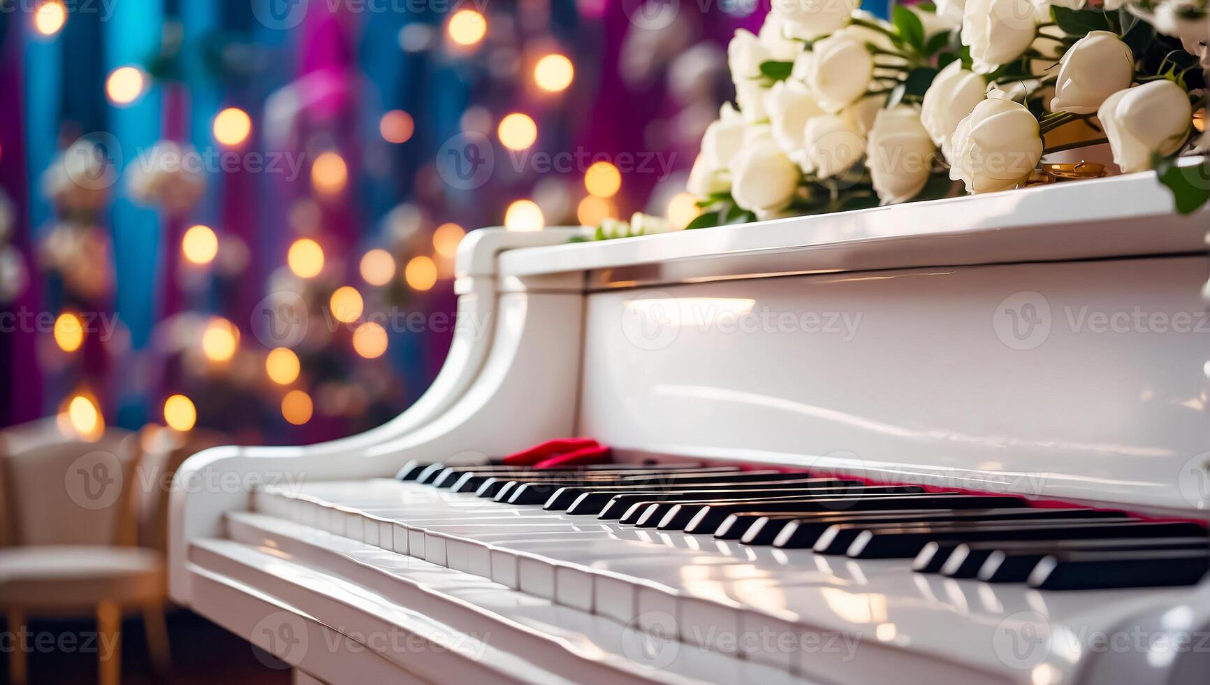 AI generated white piano, flowers close-up photo