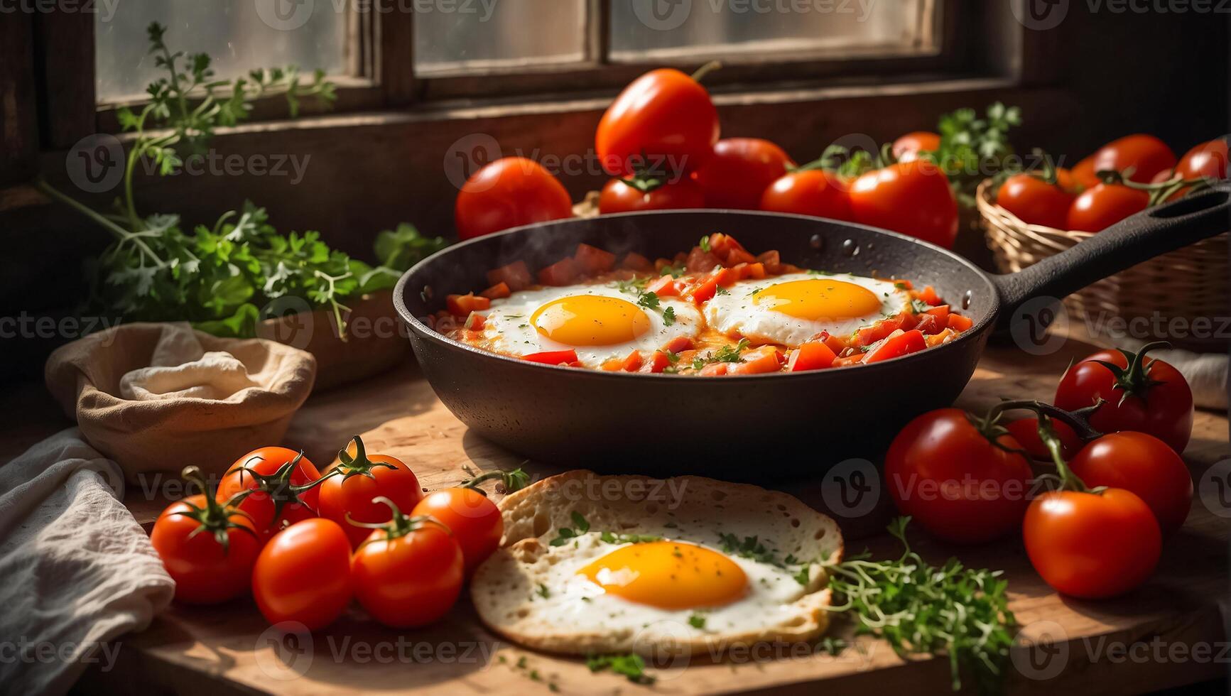 ai generado delicioso apetitoso shakshuka en el mesa foto